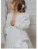 Long Sleeves Beaded Ivory Lace Satin Chic Flower Girl Dress